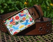 The Scarlet Belt.  Cheery Colorful Birds with Brown Leather Belt