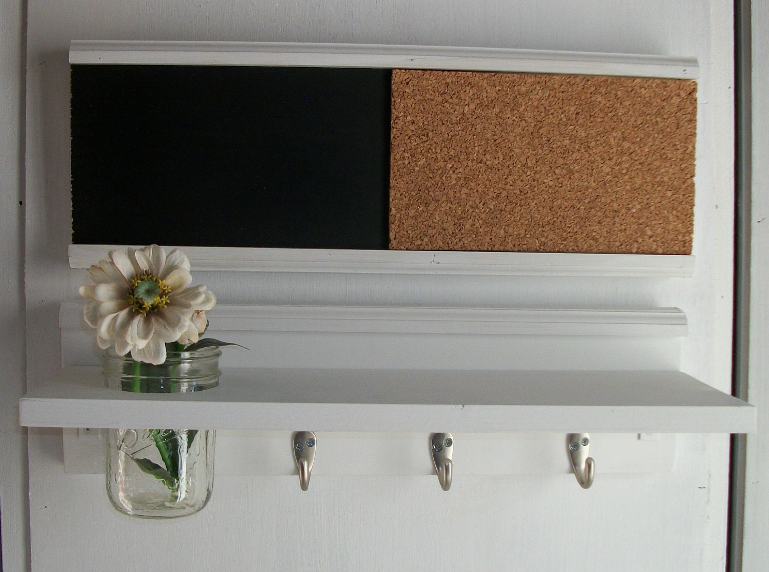 Wood  Wall Shelf Cork & Blackboard Bulletin Board Message Center Wedding White French Country