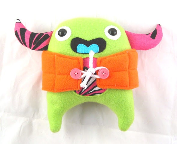 Floatee in Green and Pink - Plush Monster with Life Jacket