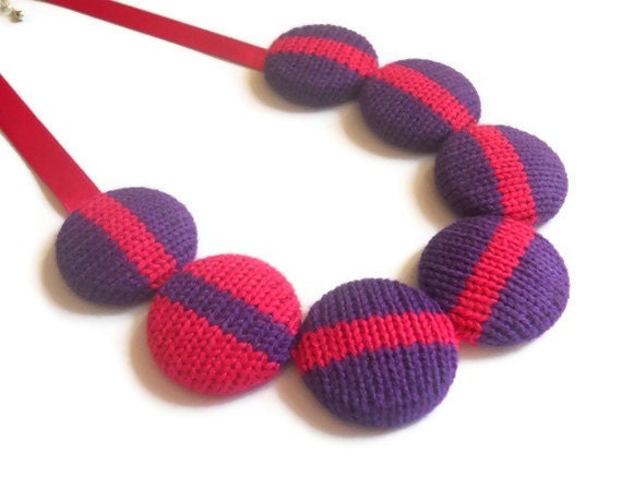 Large Knitted Cotton Necklace Stripe - Pink and Purple (Free UK Shipping)