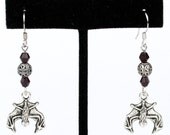 Steampunk Antiqued Silver Bat Earrings with Filigree and Vintage Dark Red Garnet Crystal Beads by Velvet Mechanism