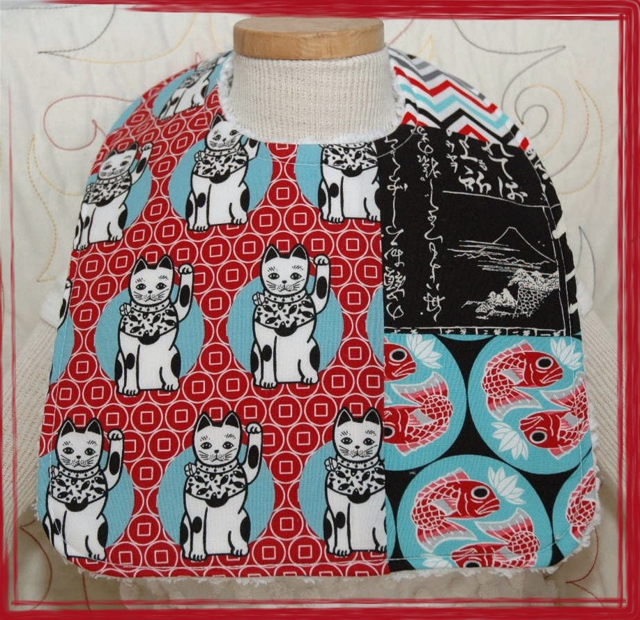 Japanese Inspired Waving Cats and fish Infant Size Feeding Bib