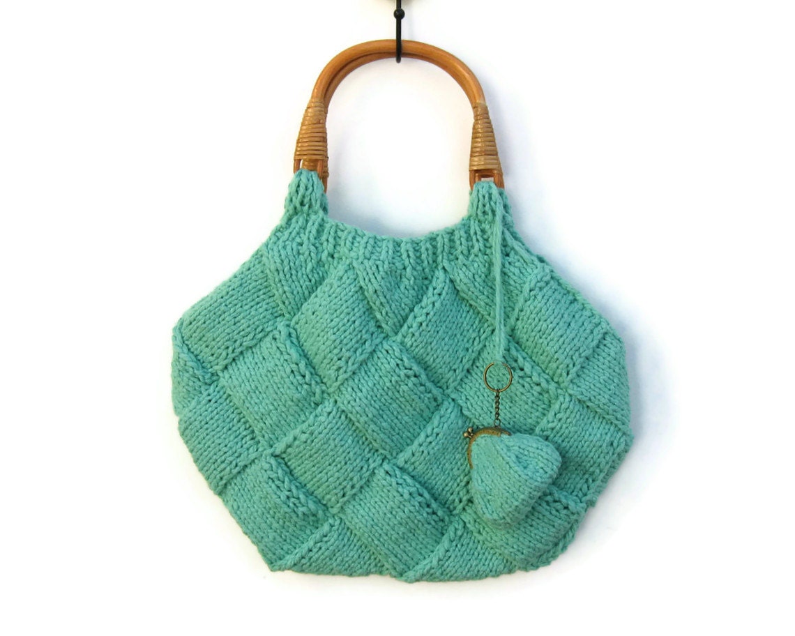 Mint Green Bag Knitted in Cotton with Rattan Handles