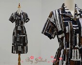 Vintage 70s dress cotton stripe print line abstract white brown black color short sleeve full skirt button tie sun sundress medium m l large