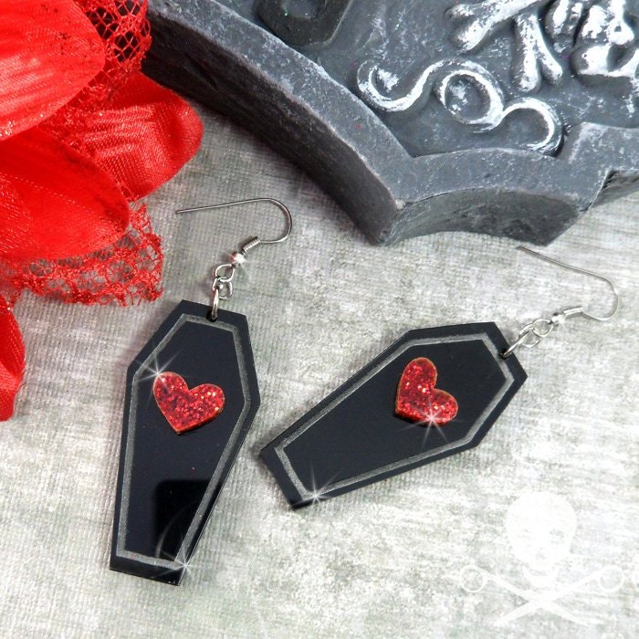 CATACOMB COUTURE - Laser Etched Coffin Earrings with Red Glitter Hearts