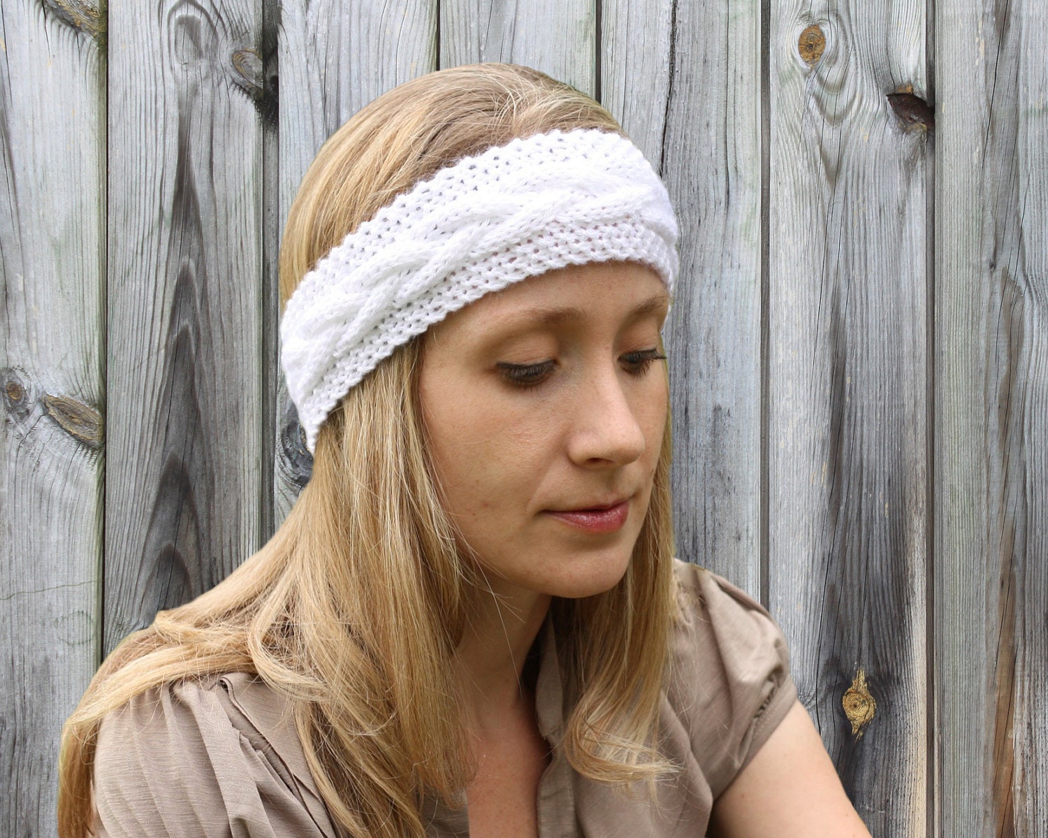 Cable Knit Earwarmer - Headband Accessory - Acrylic Yarn - White