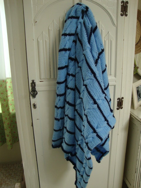 vintage blue and navy hand knitted cable knit afghan