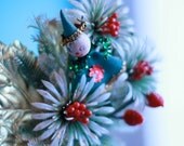 vintage pixie sprite Christmas package tie on - floral decor - 50s