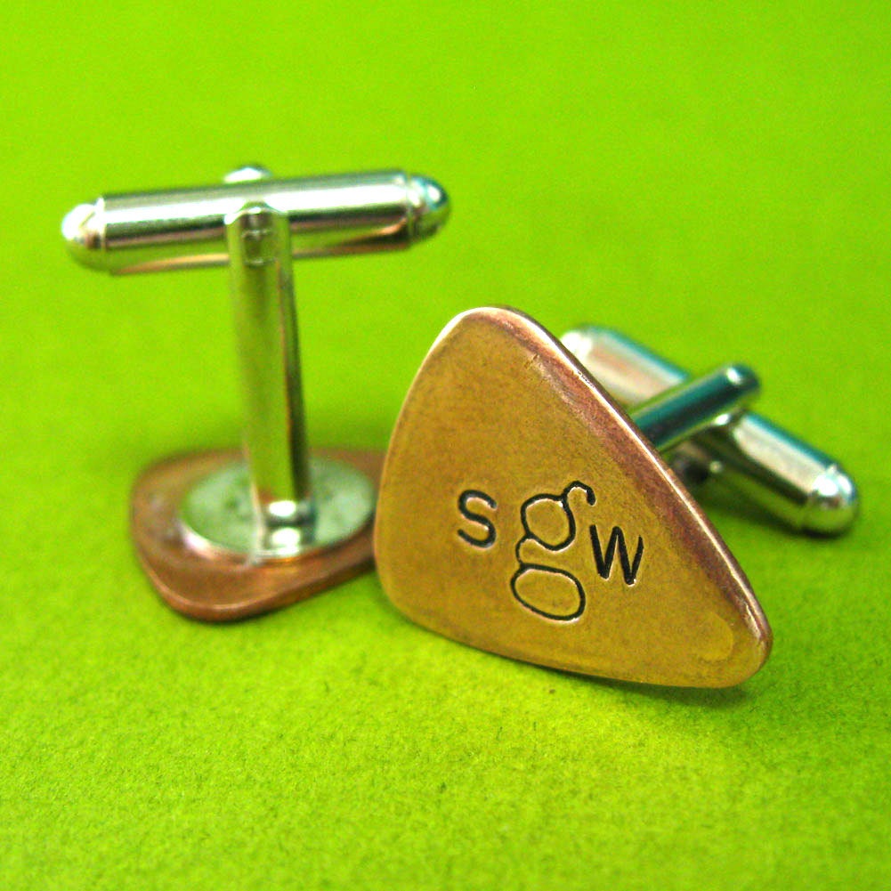 Personalized Cufflinks - Monogram Guitar Pick Cufflinks - Custom Initial Cuff links hand stamped in brass, copper, or aluminum