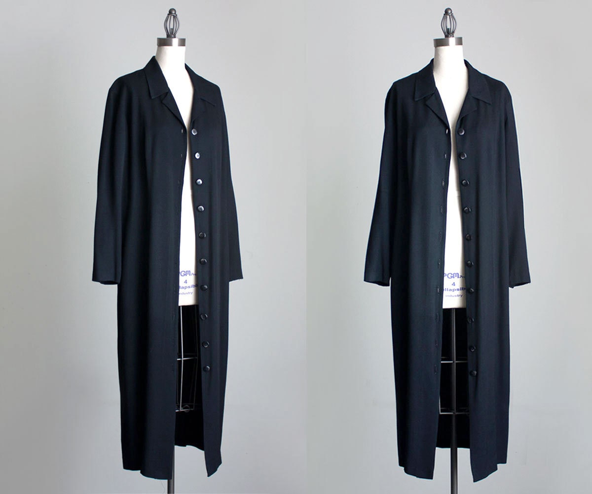 Black Duster Coat 1990s Vintage Black Button Down Long Lightweight Coat