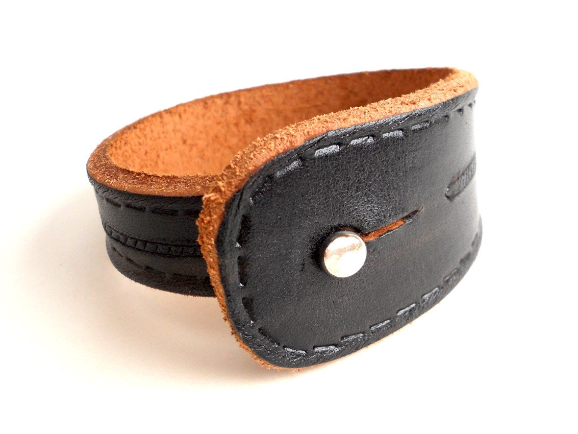 Hand Carved Leather Wrist Cuff in Black-Brown