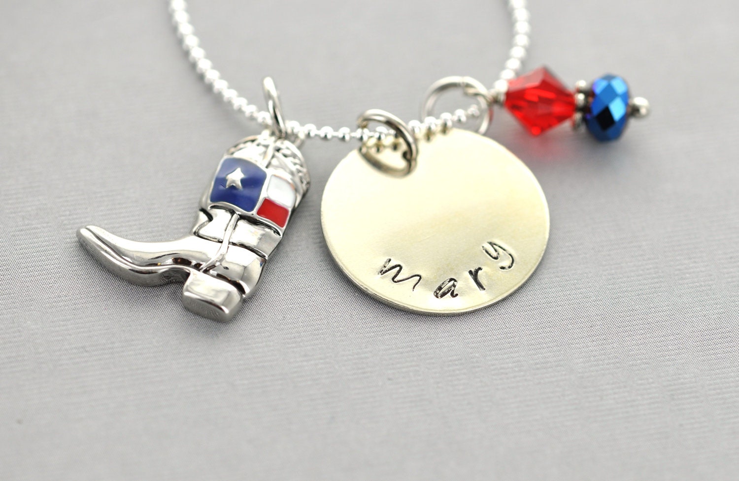 Personalized Silver Plated Custom Hand Stamped Charm Necklace . TEXAS BOOT
