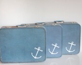 Vintage Set of Three Anchor Screen Printed Suitcases / Upcycled Luggage