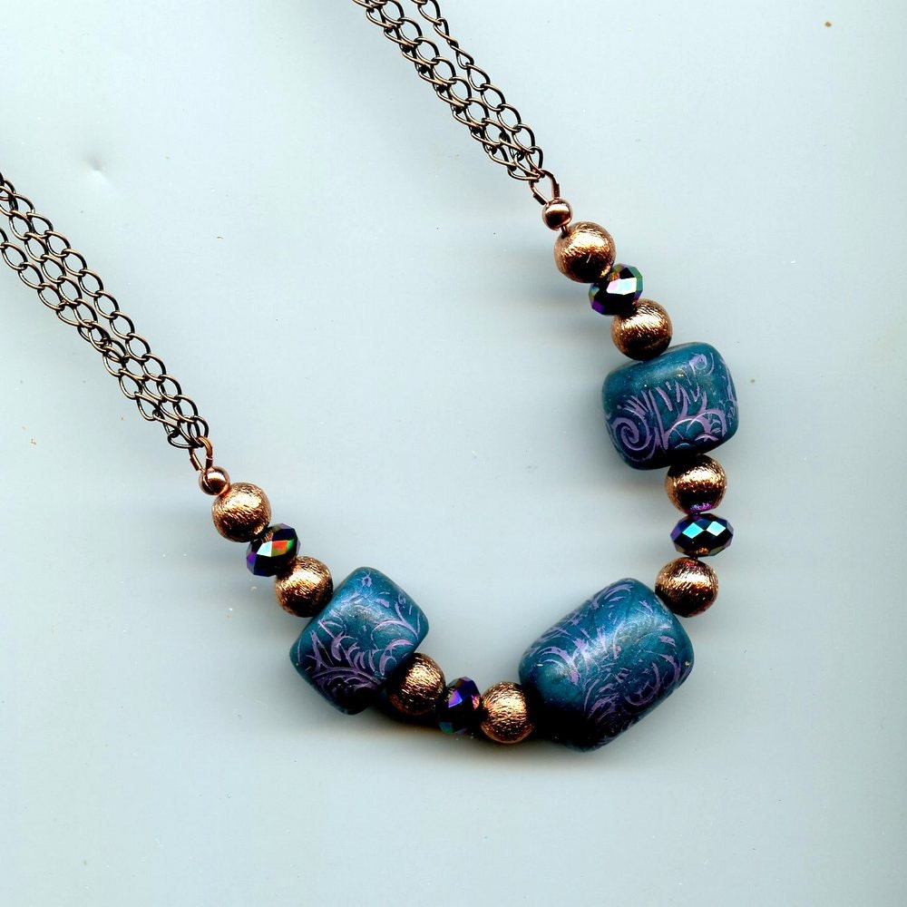 Relic Necklace - Peacock Blue and Lavender Polymer Clay Beads