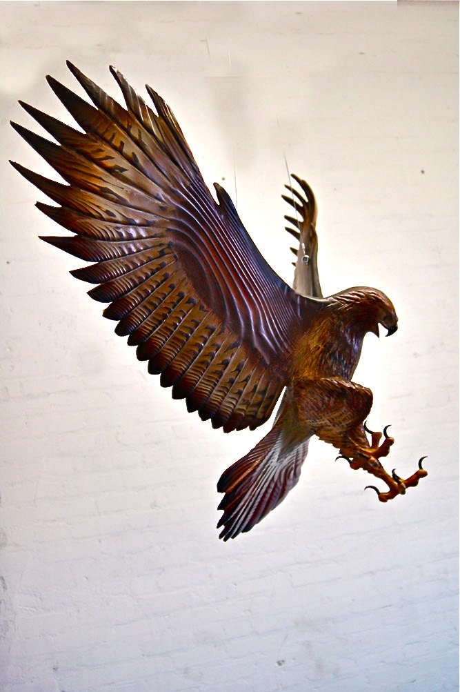 Attacking Hawk Wood Sculpture by Jason Tennant
