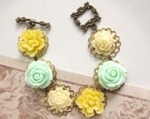 Pretty Blooms Soft Colours Japanese blossom Sakura Roses and Garden Flowers gold brass Toggle Clasp Bracelet Simple bridal gift