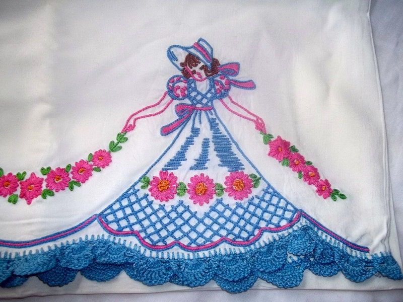 Vintage Embroidered Satin Pillowcase Blue and Pink Victorian Ladies