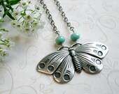 Silver butterfly necklace, moth - antiqued silver butterfly pendant, summer, nature jewelry