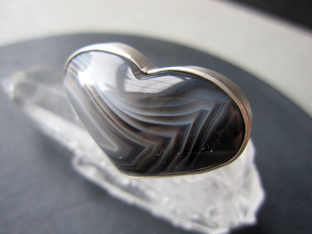 Smoking Heart Ring - Sterling Silver and Botswana Agate Stone Ring