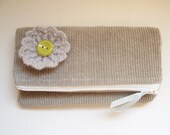 Square zipper pouch, grey corduroy with crochet flower embellishment, fold over toiletries bag, eco-friendly