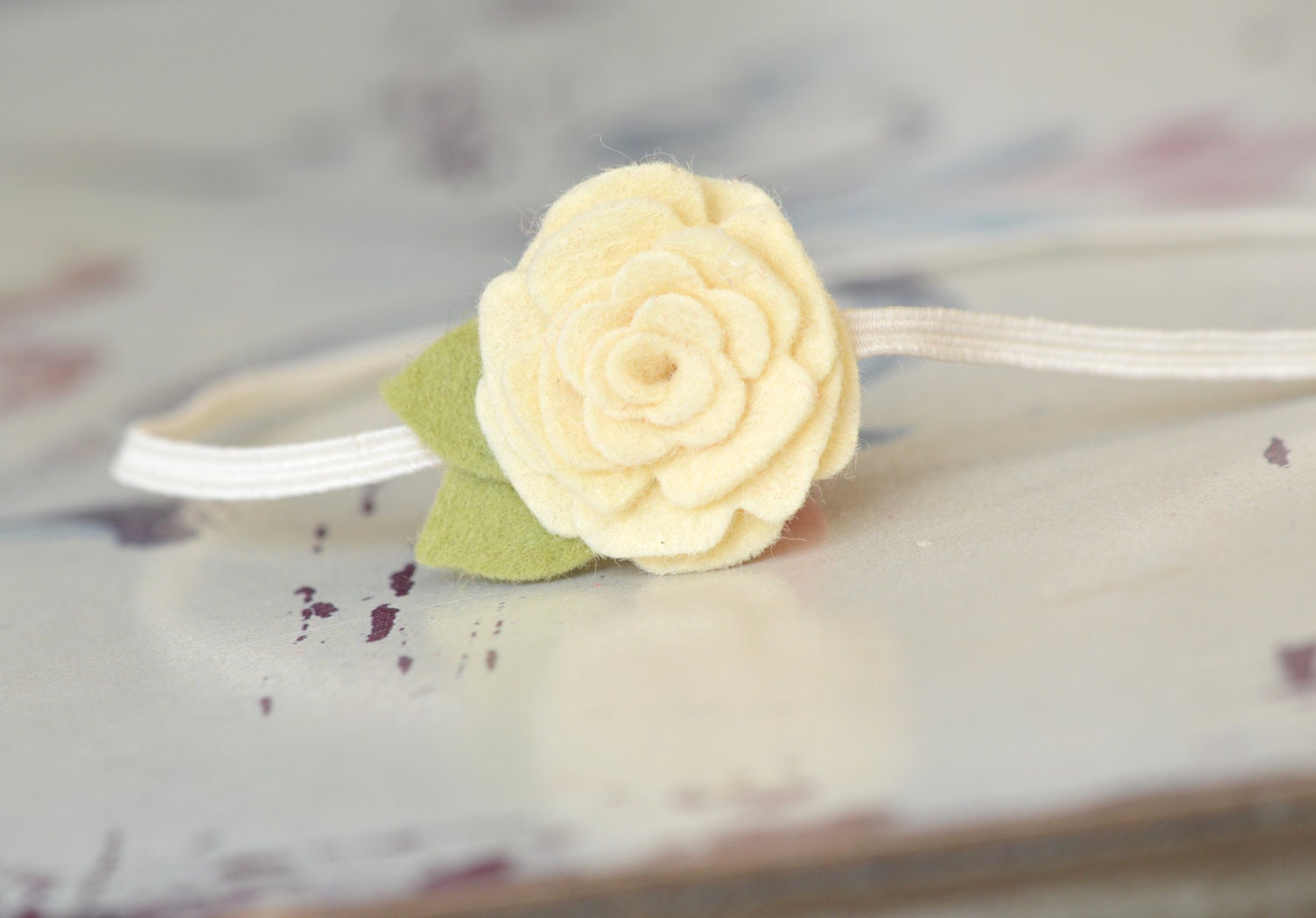 Tiny Felt Flower Headband . Sunny Smiles . Elastic Headband With Wool Blend Felt Flower In Cream