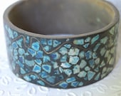 Vintage 1960s 70s Inlaid Turquoise Brass Bracelet Signed INDIA