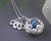 4 eggs bird nest sterling silver personalized hand stamped initial necklace for bridesmaid, best friends, sisters and mothers