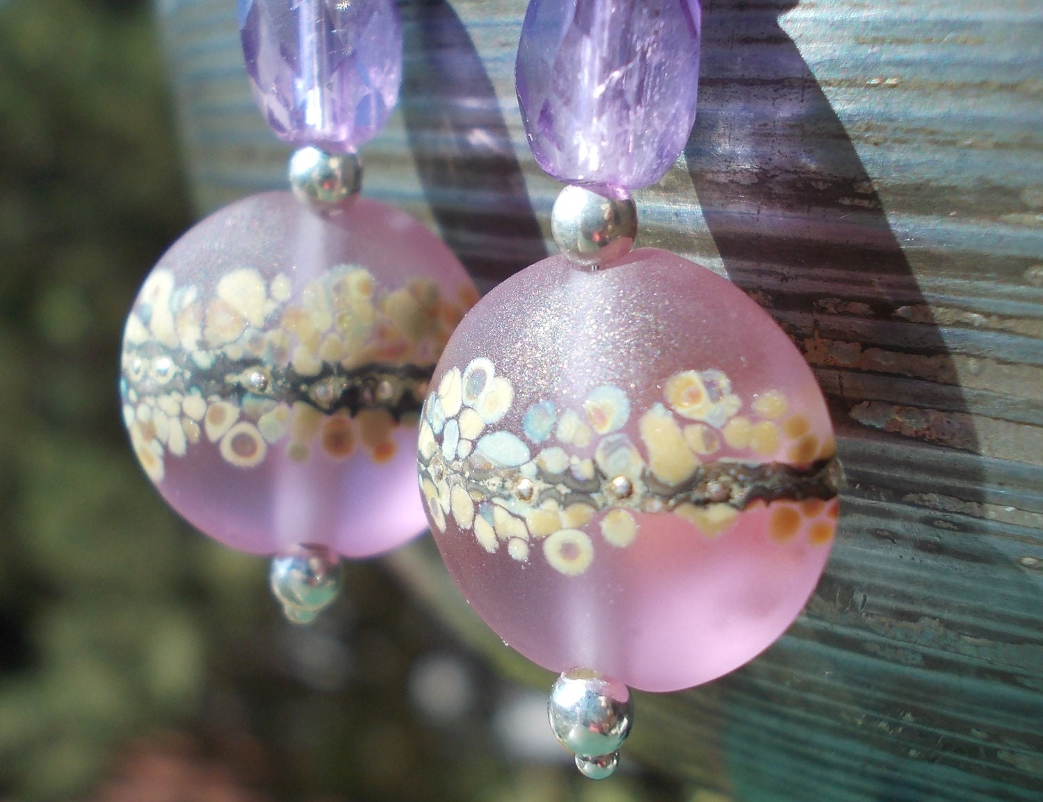 Delicate sterling silver earrings Handmade lampwork glass bead natural amethyst gemstone Lavender rose purple violet mauve women's chic