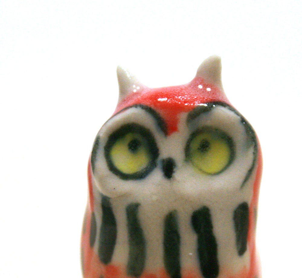 owl figurine - red stripes owl porcelain animal miniatures