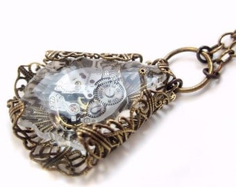 Steampunk necklace, steampunk jewelry statement necklace, frozen in time steampunk filigree jewellery,  watch jewelry, pendant necklace