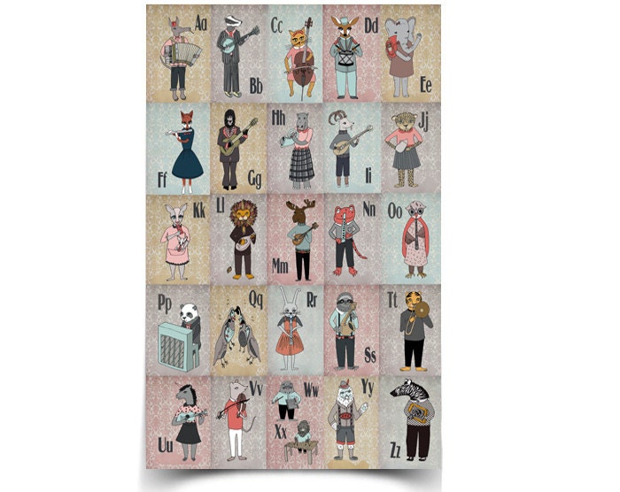 Alphabet 11x17 Poster Print  - Amazing Animal Alphabet Band - Musical and Animal Alphabet Poster