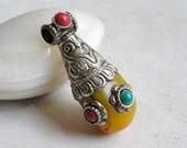Vintage Tibetan Copal, Sterling Silver Pendant- Silver Repousse, Turquoise, Coral, Copal Vintage Pendant