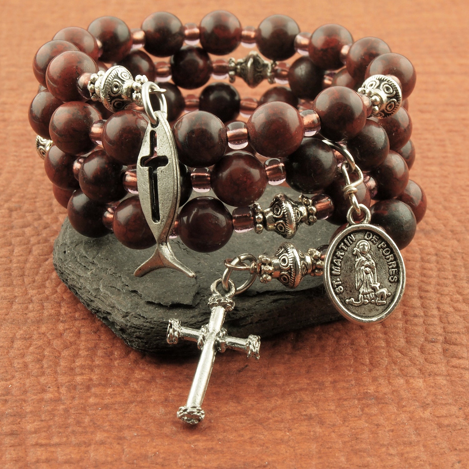 Mahogany Jasper Catholic Rosary Unisex Cuff
