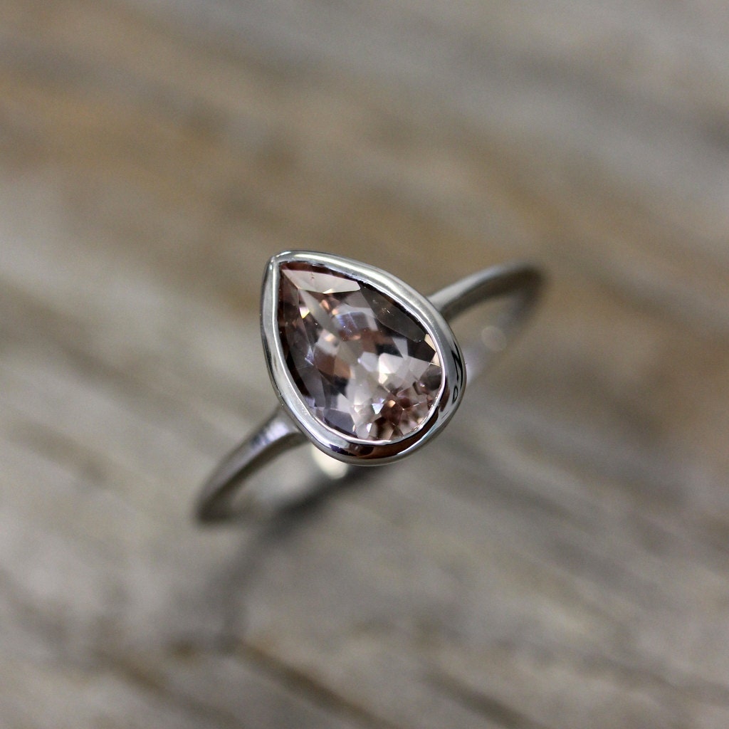 Pear Shaped Morganite Gemstone Paired with 14k Palladium White Gold Ring, Pear Gemstone Morganite Ring, Made To Order