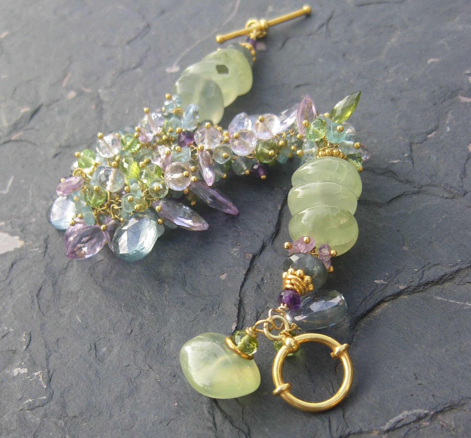 Green garnet, blue topaz Reserved in gold vermeil amethyst, peridot, apatite, blue quartz kelp mermaid bride gemstone jewelry --Moorland--