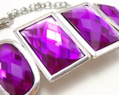 Chunky Purple Rhinestone Cuff - Large bright fuschia faux rhinestone bracelet with silver accents - Statement Jewelry Geometric Colorblock