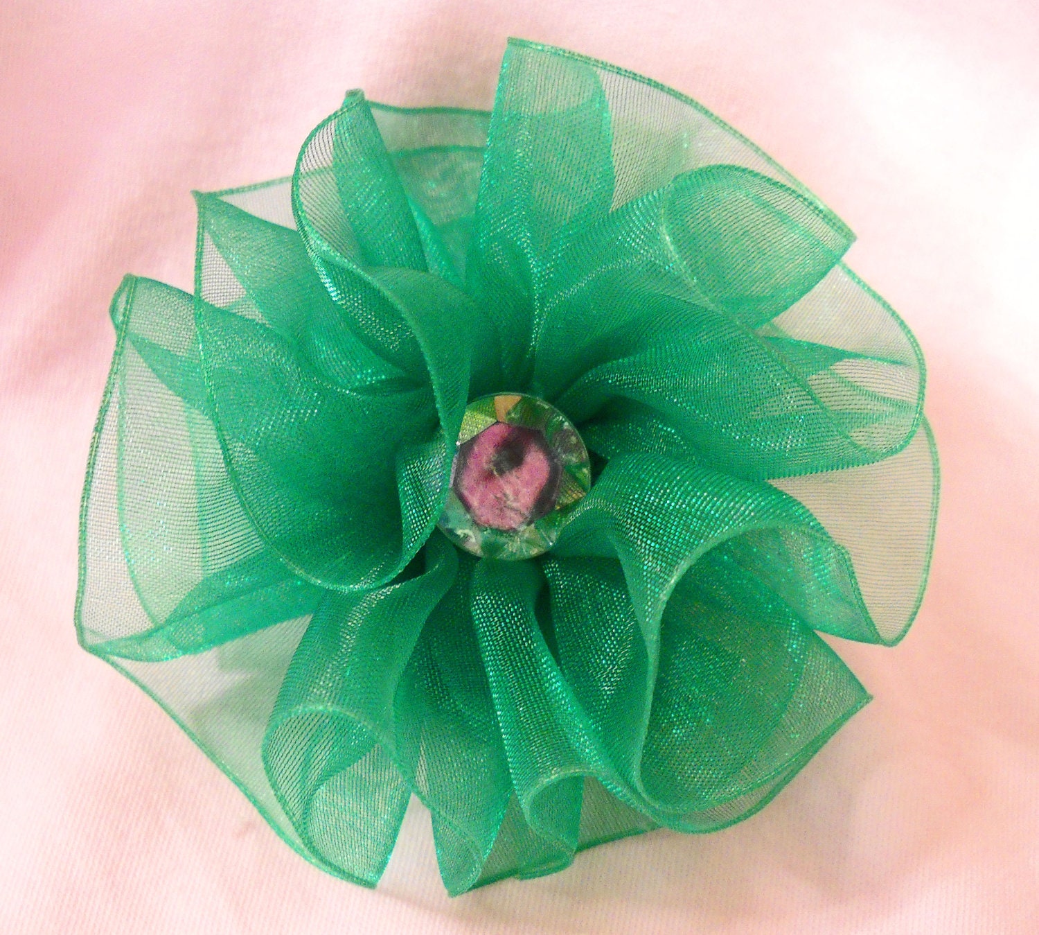 Emerald Green Sheer Flower Hair Clip with Irridescent Crystal