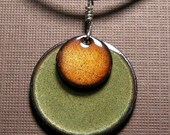 Copper Enamel necklace persimmon orange and olive green discs - Steinvika