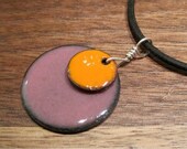 Copper Enamel Jewelry Pumpkin Orange and Purple Orchid Handmade Enamel Necklace with cord