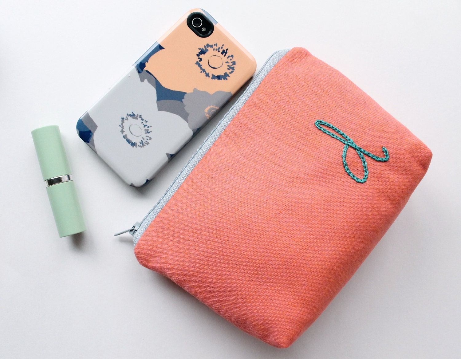 Cosmetic Clutch Bag, Coral and Aqua, Personalized Bridesmaid Gift, Choose Colors - Mother's Day