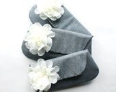 Bridesmaid Clutch Set of 3, Wedding Clutch Purse, Gray and Ivory White,  Flower Brooch, Personalized Bridesmaid Gift