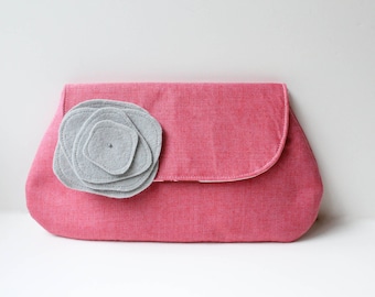 Bridal Clutch Purse and Flower, Pink and Gray, Personalized Bridesmaid Clutch, Wedding Clutch