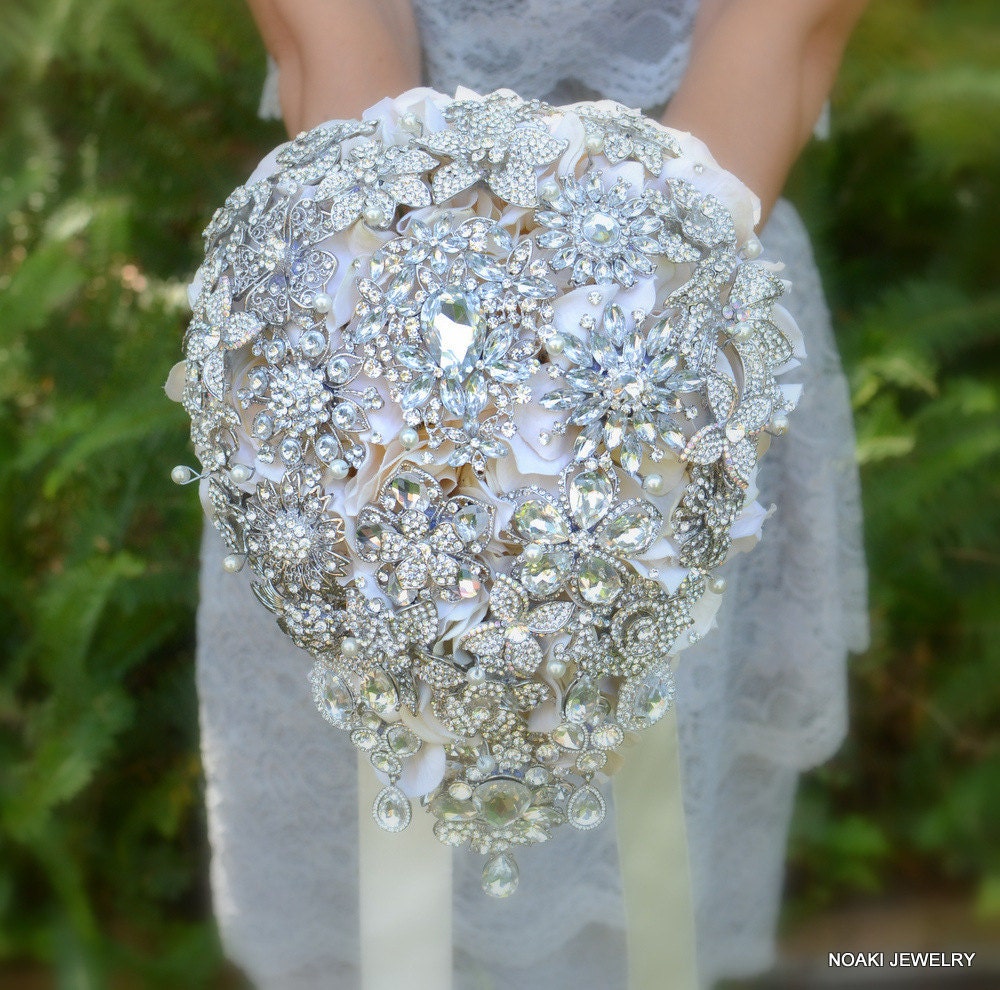 Crystal teardrop cascading brooch bouquet -- deposit on a made-to-order wedding bouquet