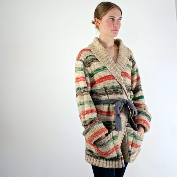 Wrap Sweater - 1970s Striped Wrap Cardigan