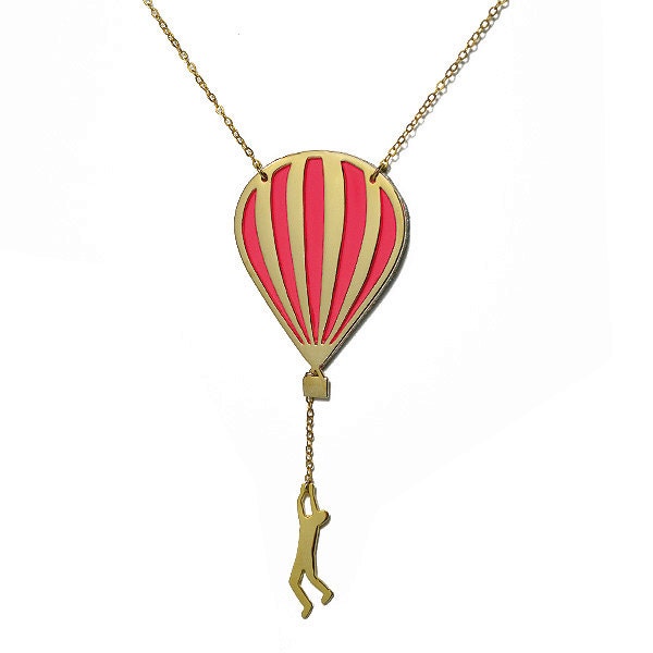 Hot air balloon necklace- hang in there- neon pink- leather- gold long necklace-