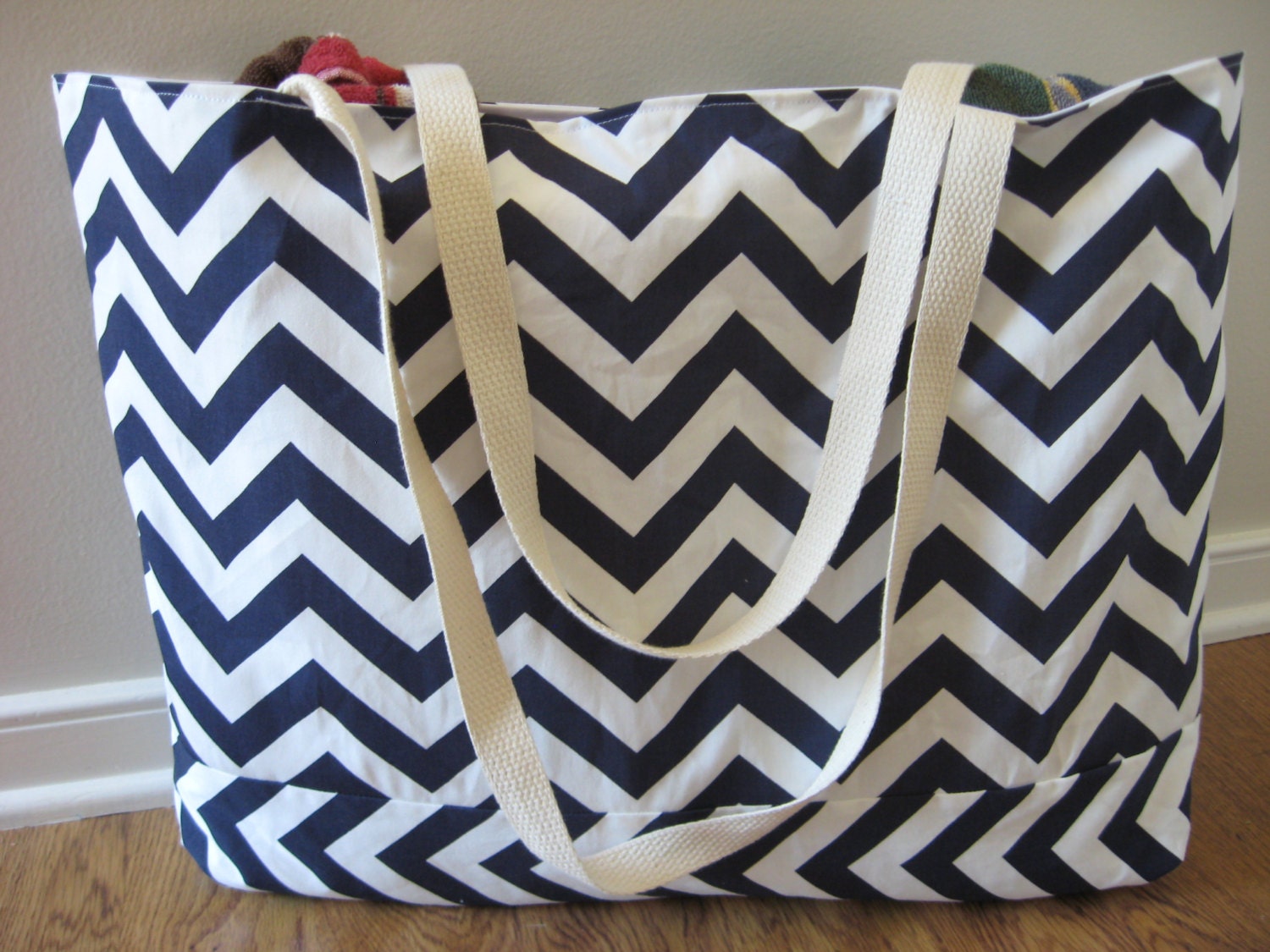 Extra Large Beach Tote, Beach Bag Chevron, Navy chevron