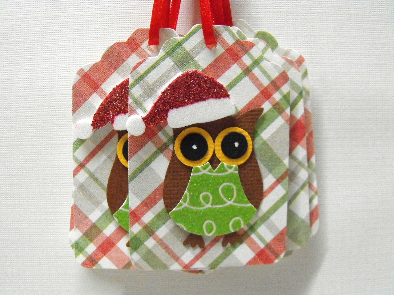 Owl Christmas Gift Tags set of 6 red ribbon included
