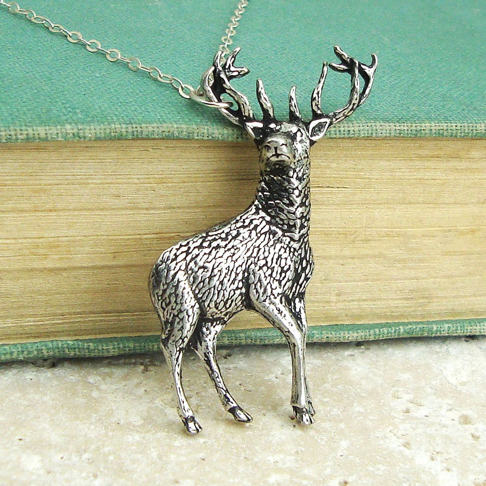 Stag Necklace. Antiqued Pewter Pendant and Sterling Silver Chain Deer Necklace