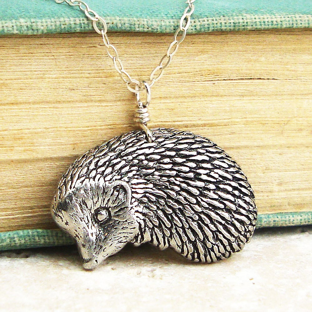 Hedgehog Necklace. Antiqued Pewter and Sterling Silver Necklace Pendant