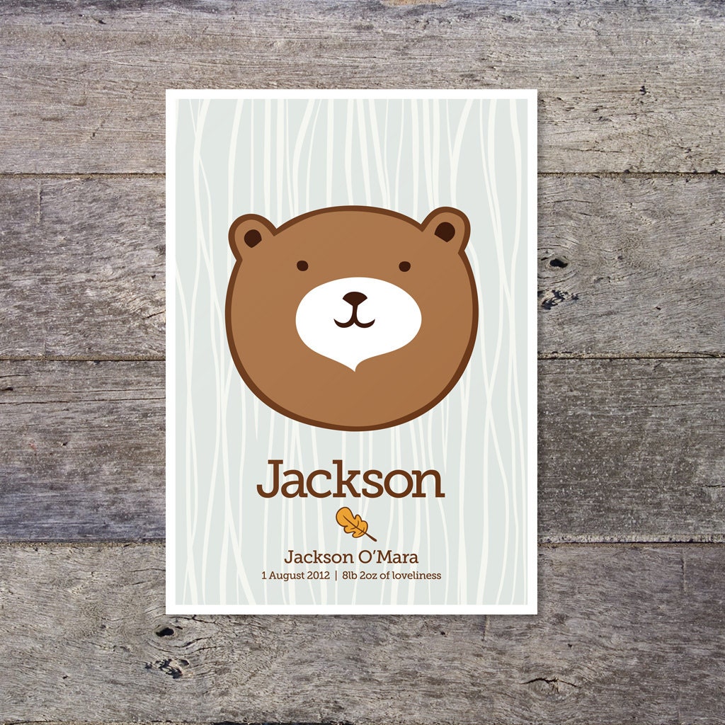 Woodland Babies - BEAR - personalized custom baby name nursery poster